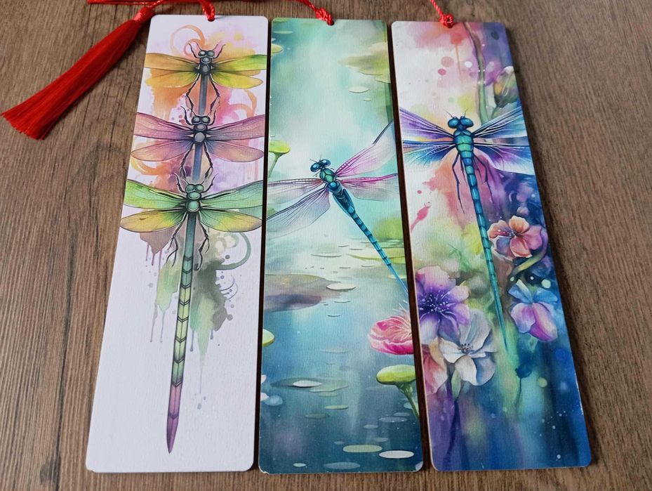 3 duże drewniane zakładki do książek. Ważki