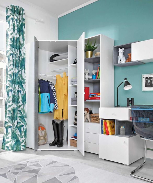 meble dla dziecka szafa narożna młodzieżowa półkami biała Sigma