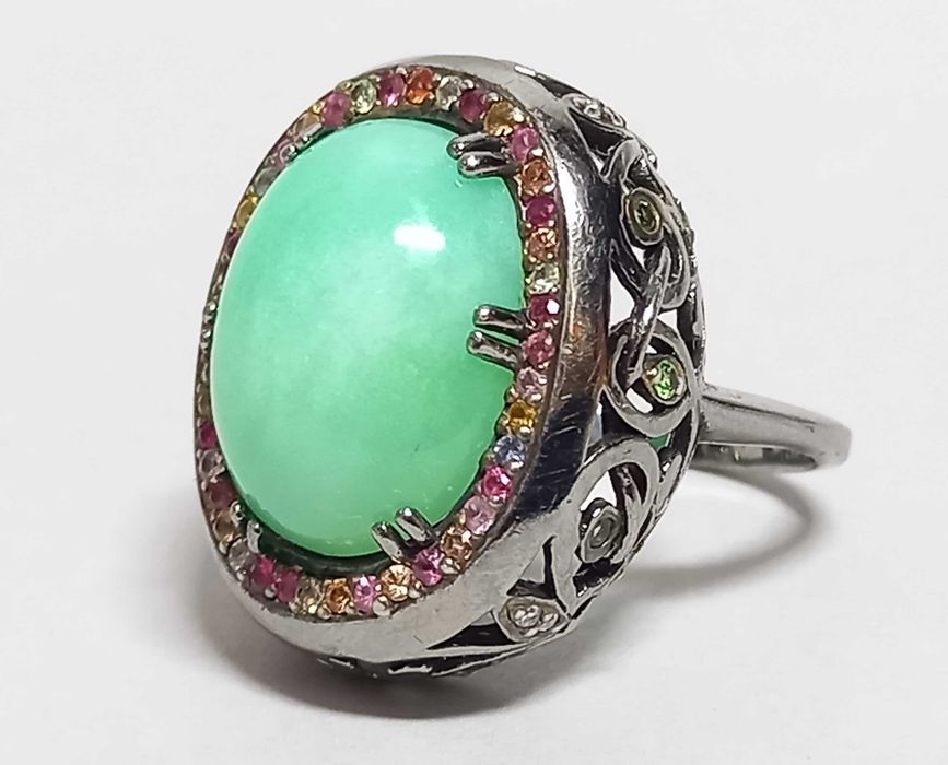 Biżuteria dawna, pierścionek, awenturyn, szafiry, diamenty, srebro 925