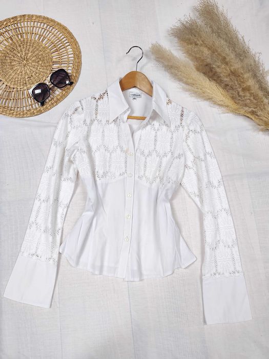 Elegancka biała koszula z długim rękawem ażurowa z koronką L 40