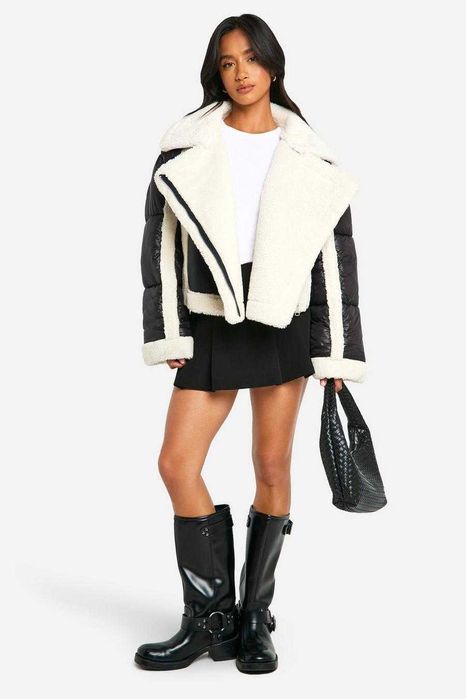 Boohoo kurtka ramoneska z wstawkami z kozuszka 44/46