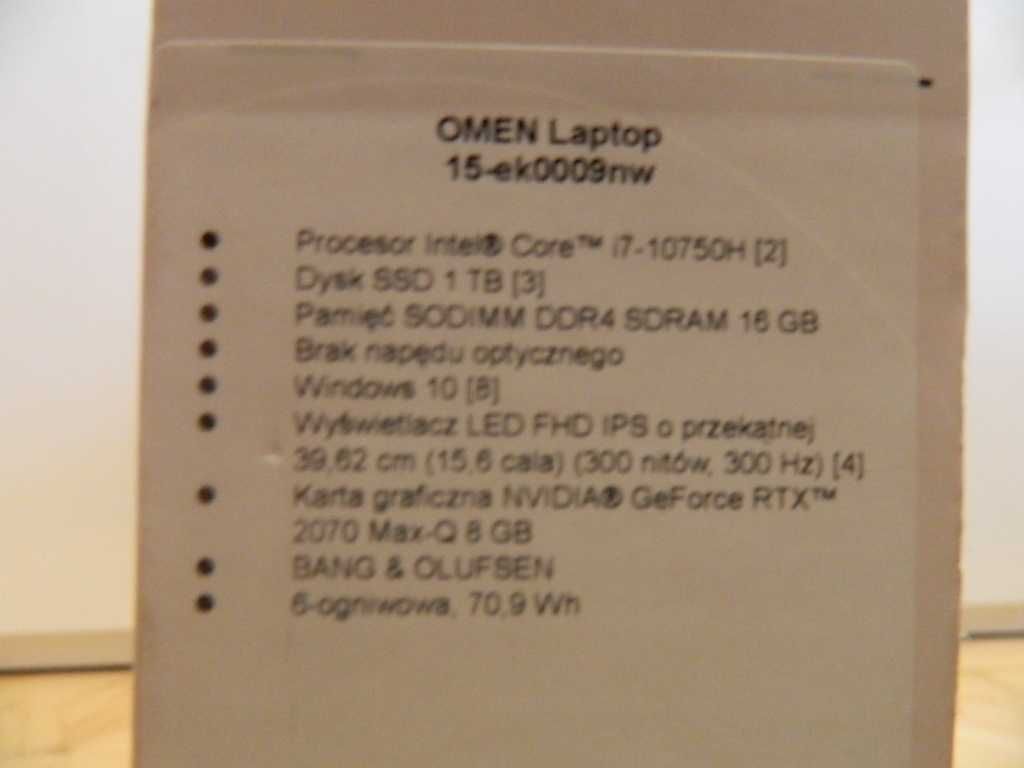 laptop HP omen LED 15-ek0009nw RTX 2070 Max-Q 8 GB nowy faktura 6999zł