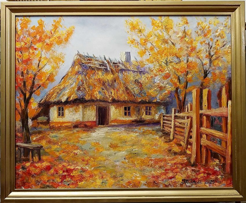 obraz olejny na płótnie 40x50 w ramie "Chata jesienią"