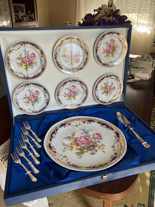 Conjunto porcelana vintage padrão folha de ouro sobremesa c caixa