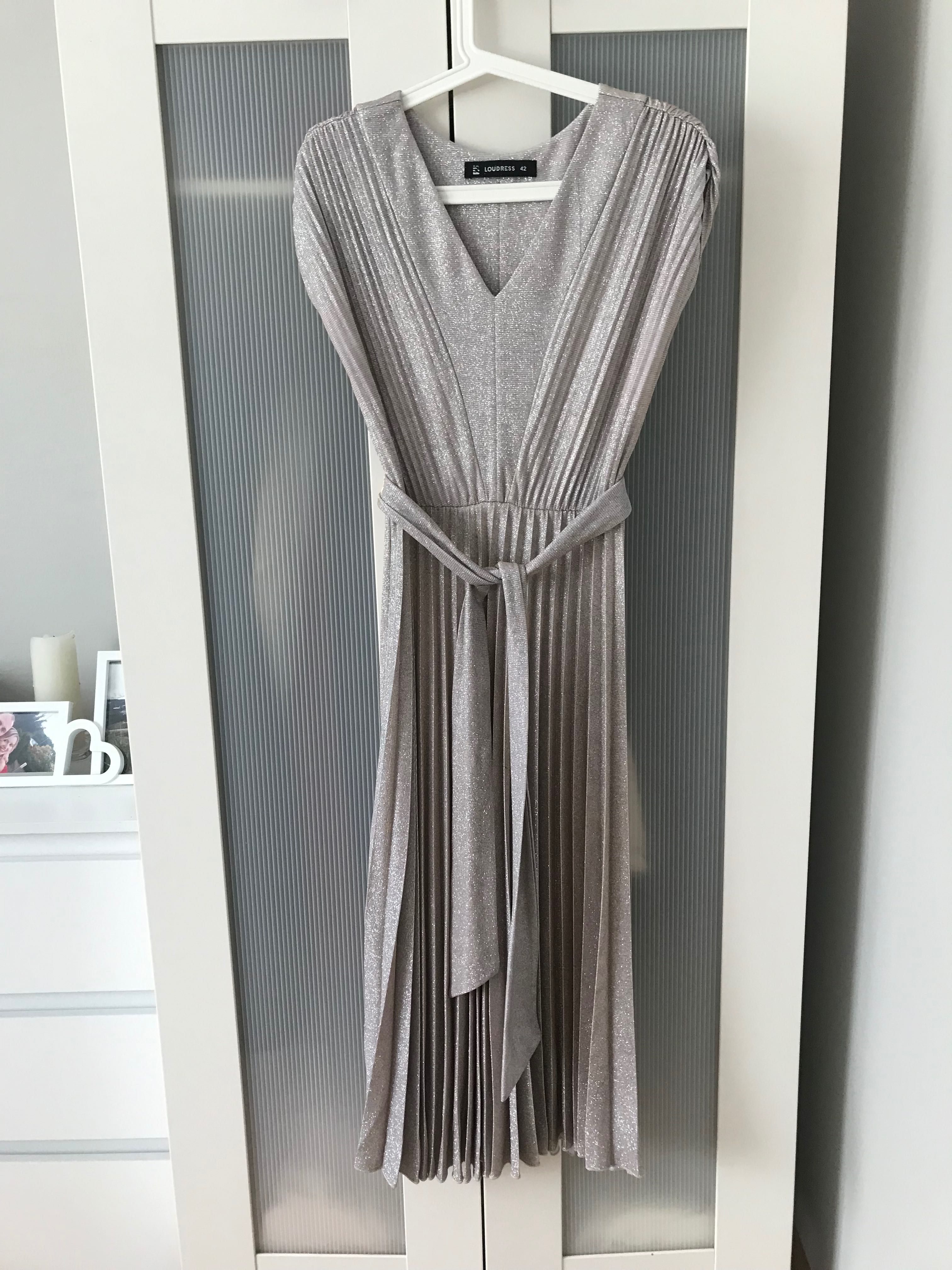 Srebrna wizytowa sukienka MIDI plisowana kimono 42 40