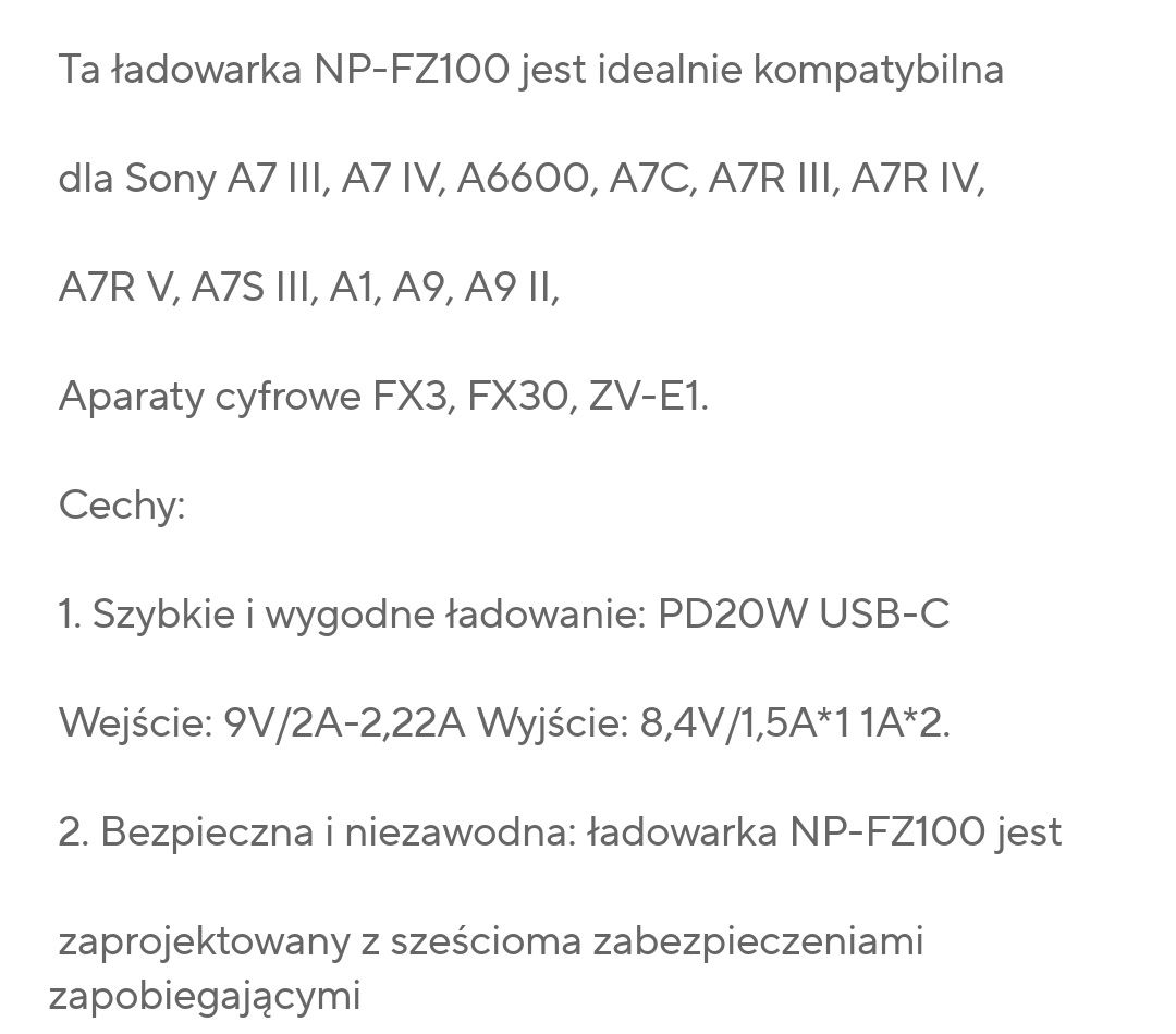 Ładowarka 20 W do baterii FZ 100 Sony A7 III  IV  FX 3  A9 A1   A6600