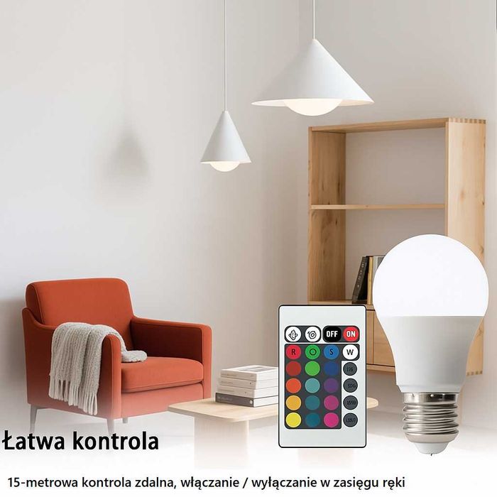 Żarówka LED RGB 10W E27 + Pilot | 16 kolorów, ściemnialna, zestaw