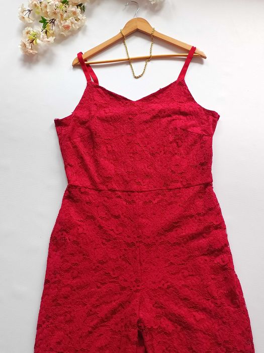 Czerwony kombinezon długi do kostek koronkowy elegancki George 48 4XL
