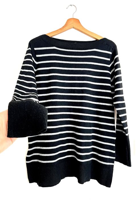 Czarny Szary Sweter Damski W Paski Casual Owalny Dekolt M/L