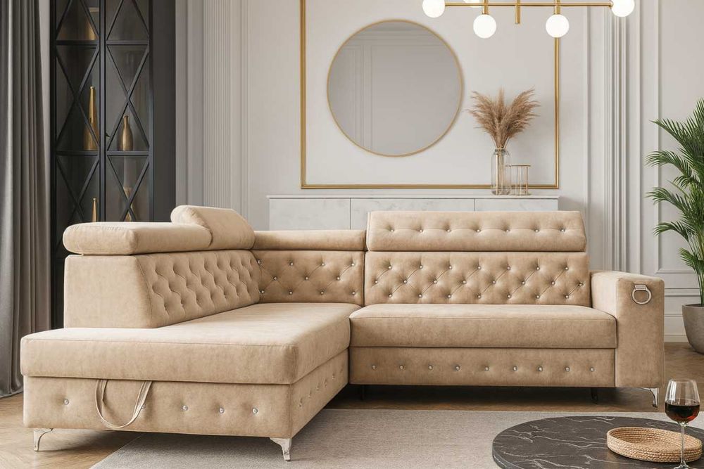 Kanapa narożnik Glamour z regulowanymi zagłówkami funkcją spania