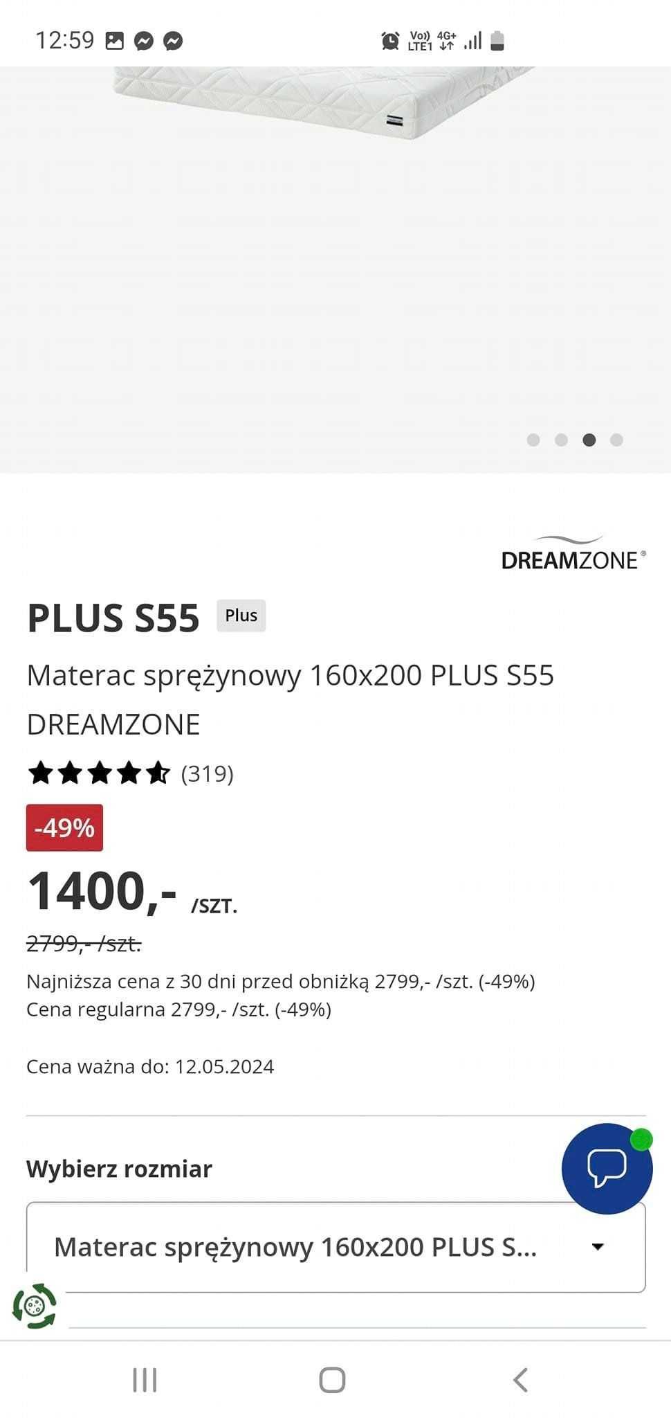 Materac sprężynowy z wkładem kokosowym Plus S55.