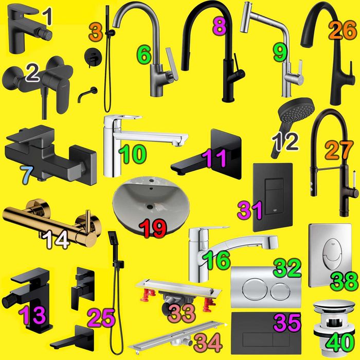 Bateria umywalkowa wannowa prysznic Omnires Grohe Hansgrohe odpływ Aco