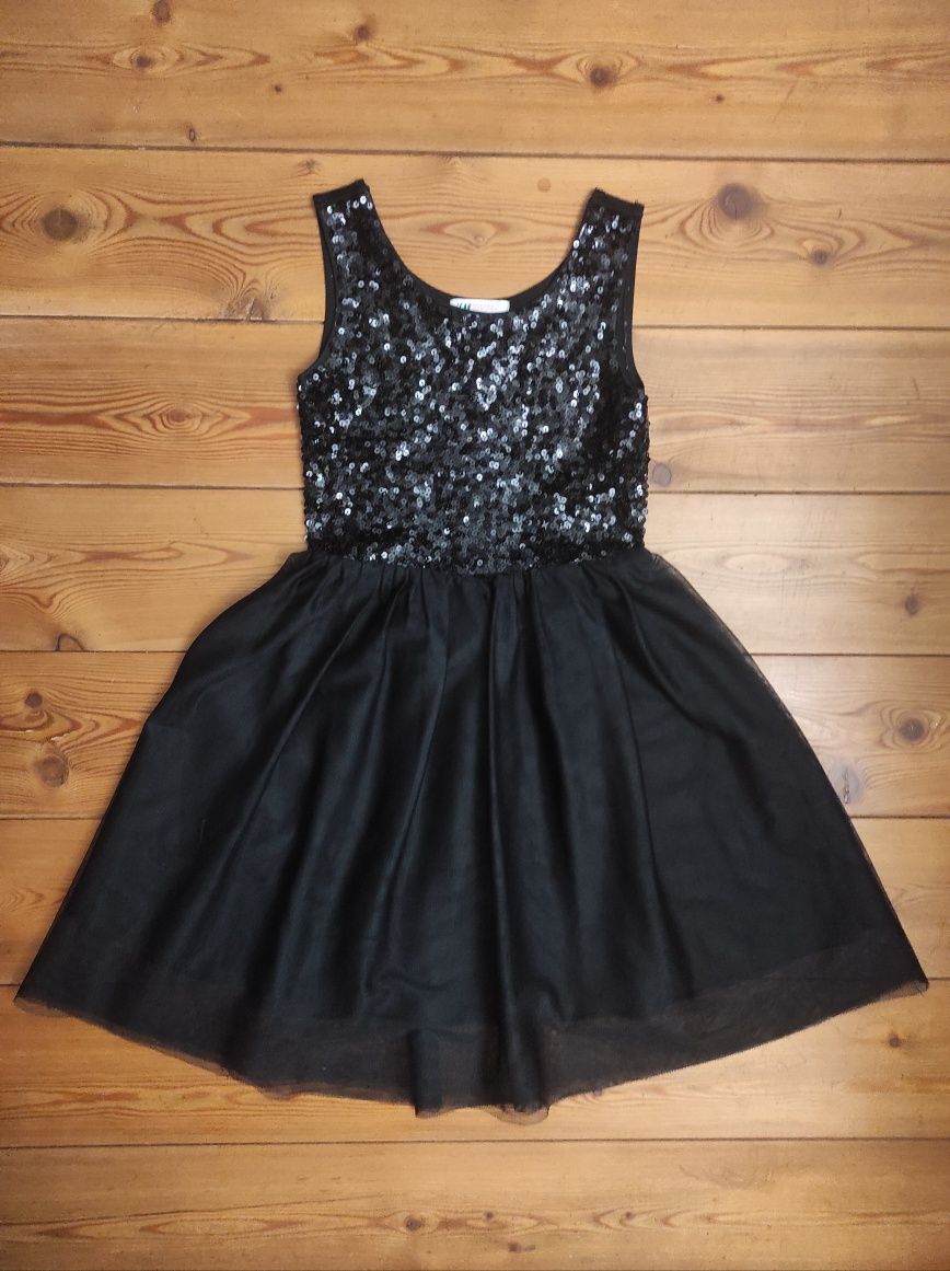 Sukienka czarna z cekinami tiulowa H&M wizytowa 146 krótka bez rękawów