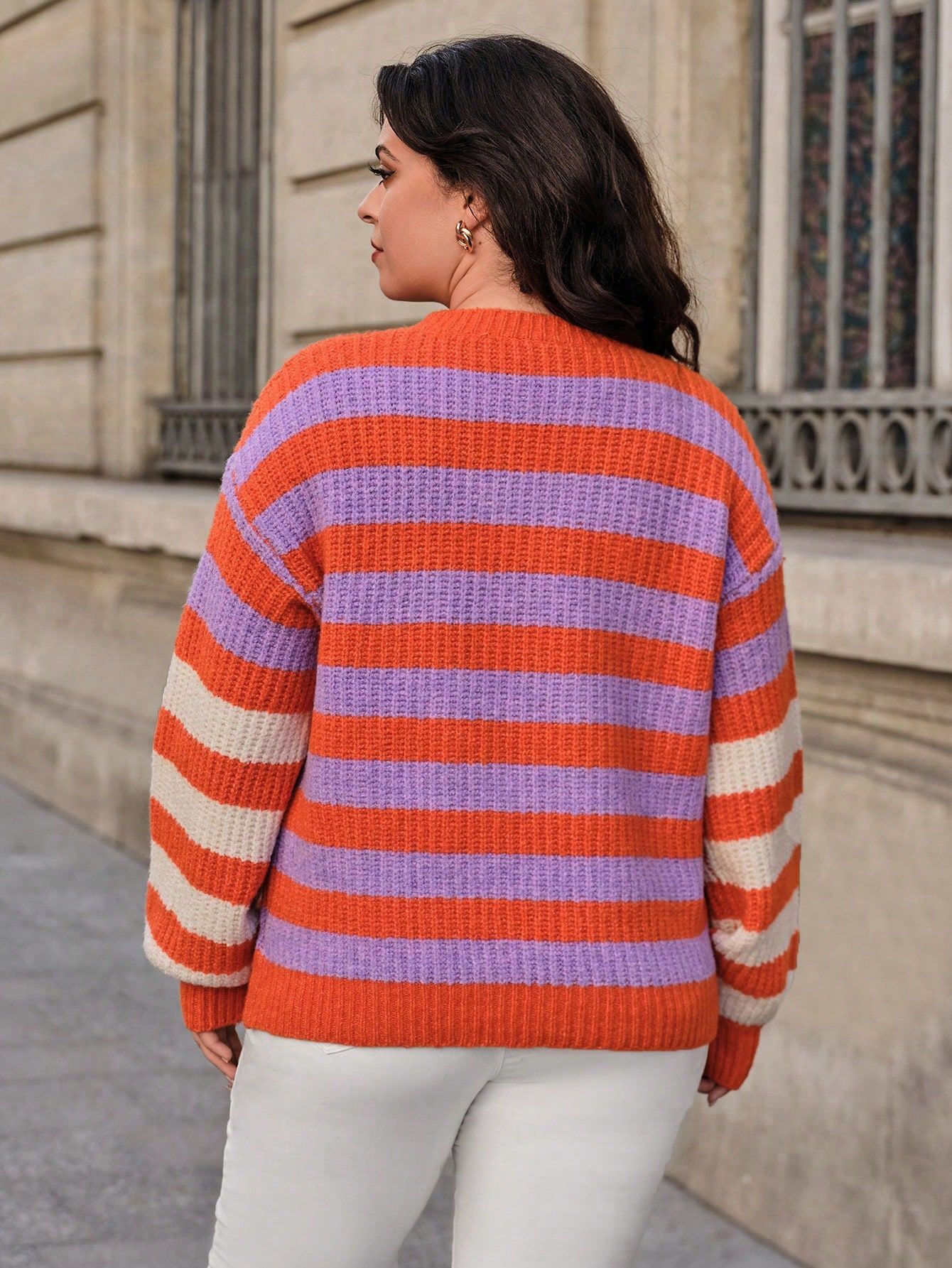 Sweterek Damski W Paski Z Odniżonymi Ramionami Casual Shein 4Xl 48