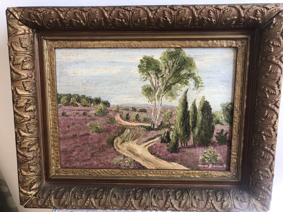 Obraz olejny – pejzaż, sygnowany, w ozdobnej ramie