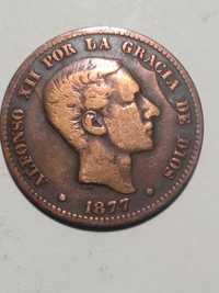 Moeda de 10 Cêntimos 1877 Rei Alfonso XII Espanha