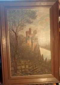 Stary obraz faktura , relief. XIXw. Zamek na wzgórzu. Malarstwo faktur