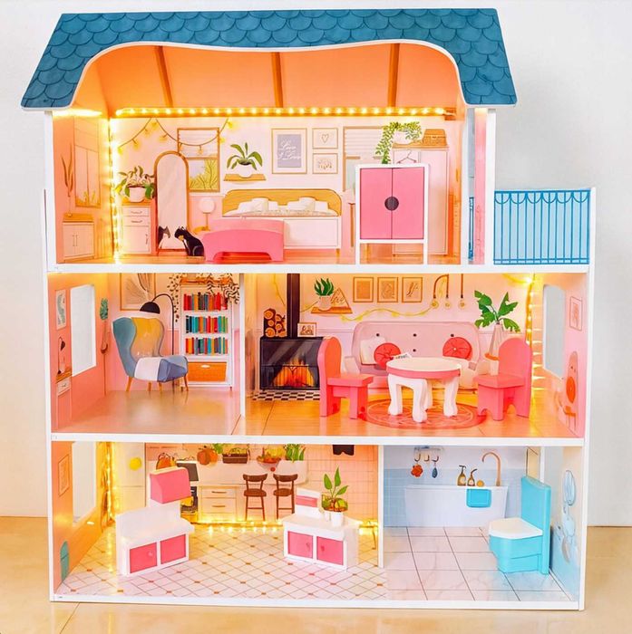Duży Domek Dla Lalek Drewniany Piętra Led Oświetlenie Meble Akcesoria