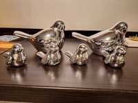 Figurki Ptaki ceramiczne srebrne 6 sztuk porcelanowe