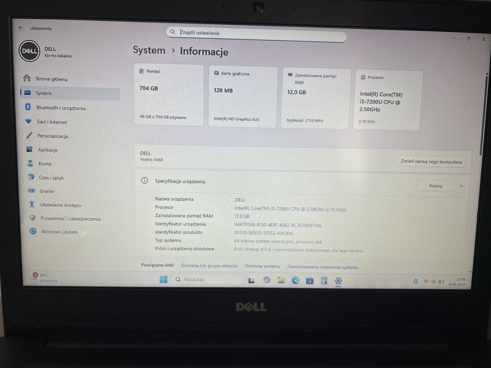 Laptop Poleasingowy DELL 5468: i5-7200 2,5GHz/Dyski 768GB/12GB DDR4/14