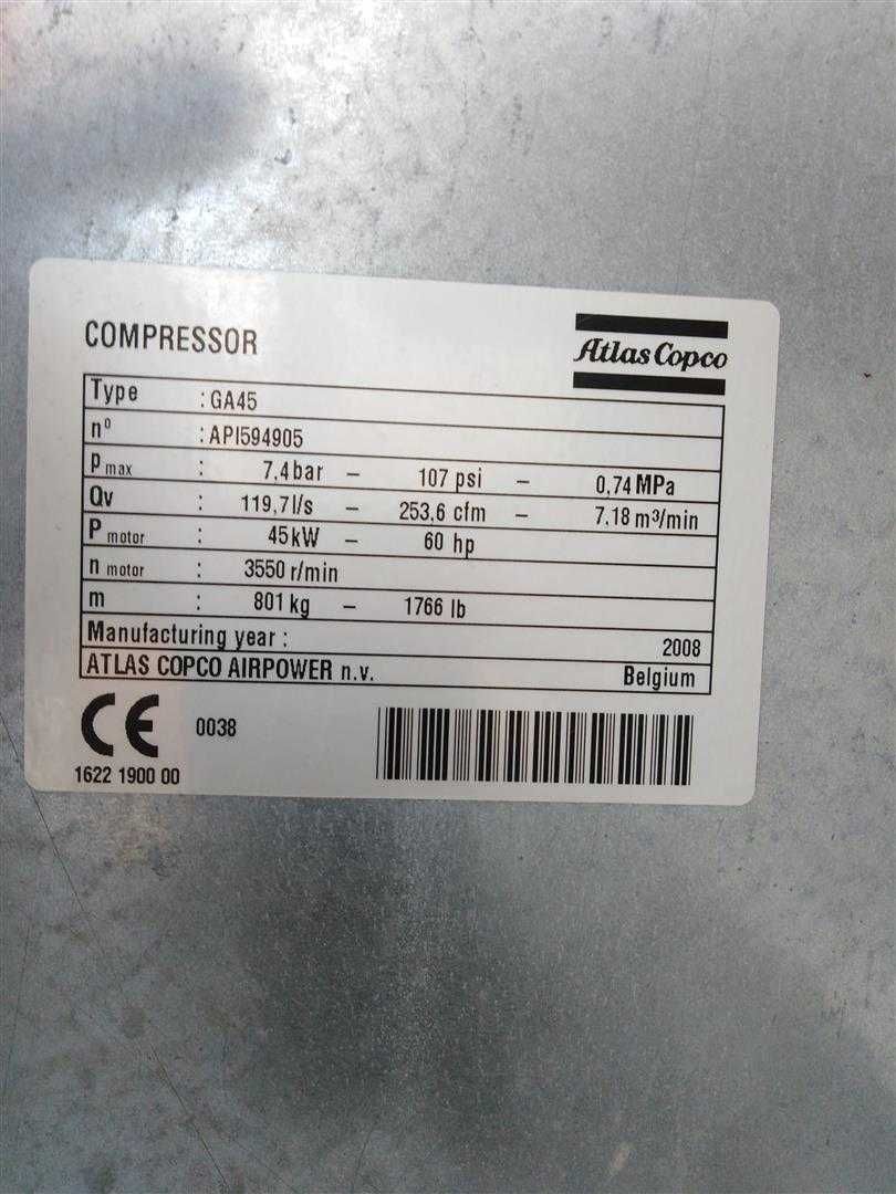 Sprężarka śrubowa,kompresor Atlas Copco GA 45,45 KW,s005138
