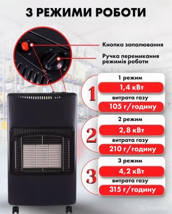 GORDON Мощный газовый обогреватель переносной 4,2кВт с редуктором,шлан