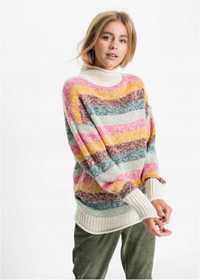 B.P.C Sweter z golfem w szerokie kolorowe pasy ^40/42