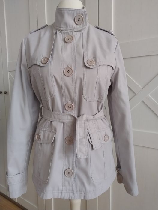 Kurtka damska, żakiet, płaszcz, szara, guziki, pasek, r.38