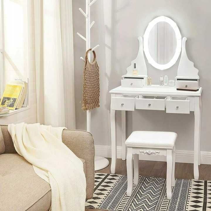Toaletka biała sekretarzyk z lustrem + oświetlenie LED + hoker