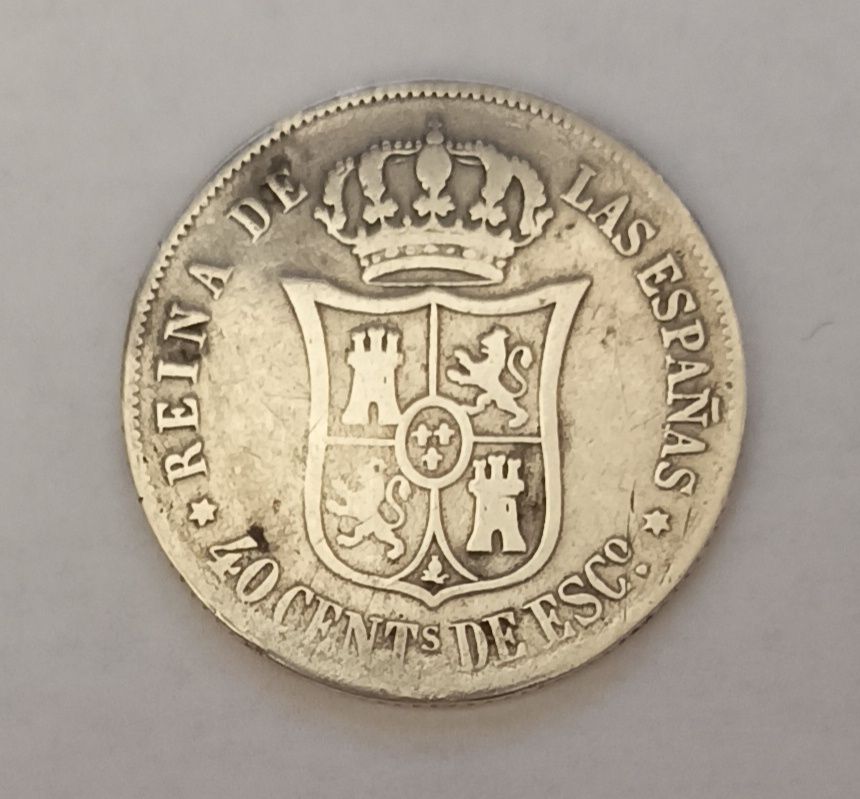 Moeda prata 40 cents 1865 Rainha Isabel 2a Espanha