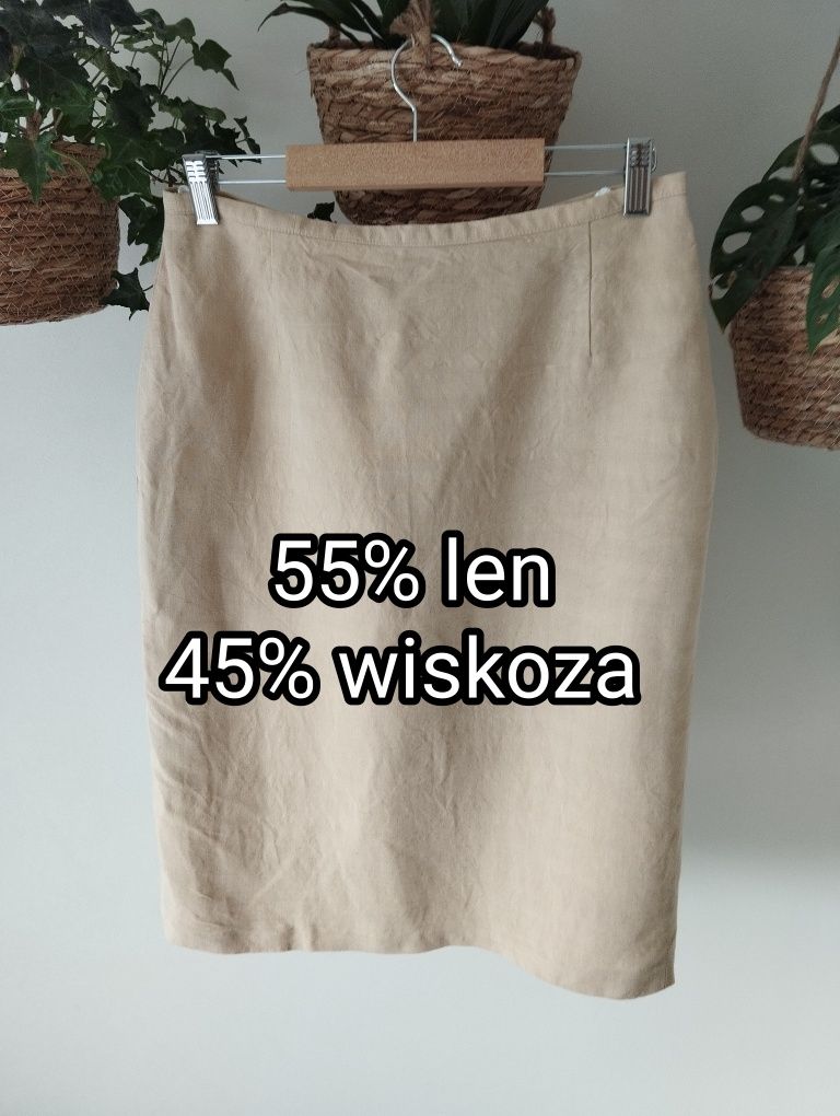 Beżowa spódnica ołówkowa, midi, za kolano, letnia, wiosenna, len, wisk