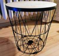 Okrągły stolik kawowy loftowy kosz druciany czarny z drewnem
