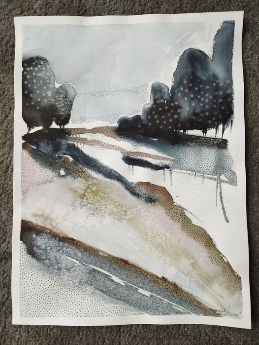 "Pejzaż jesieni" zestaw 3 akwareli o dużym formacie 30×40 cm. Unikat