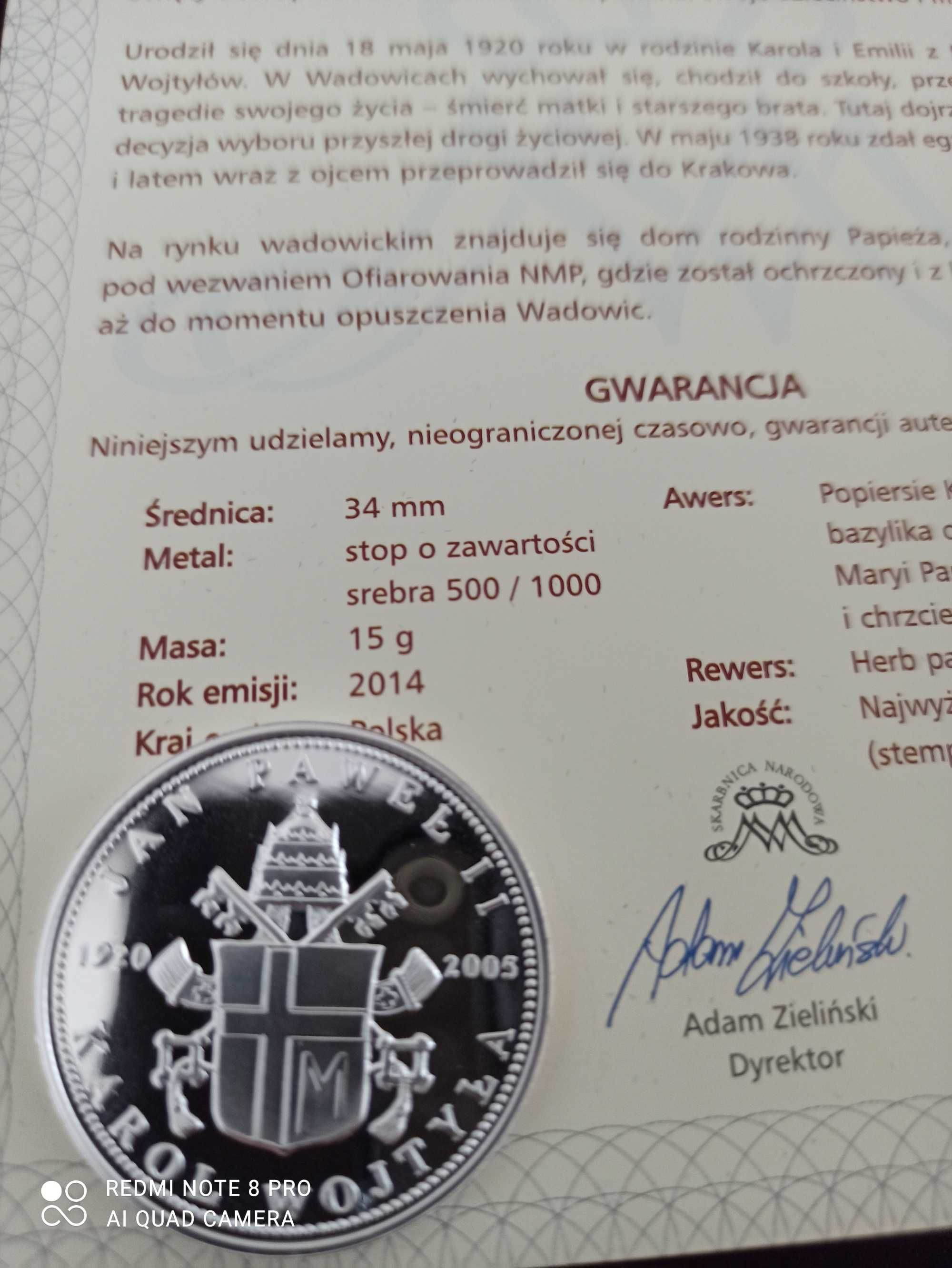 Srebro 500. Jan Paweł II Wadowice