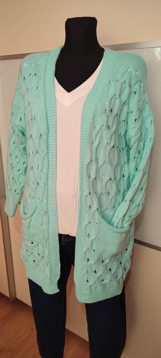 Swetr damski ażurowy mięta z kieszonkami