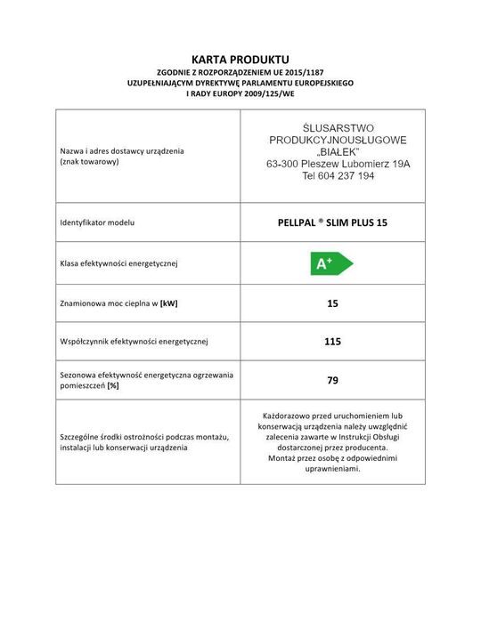 Kocioł na PELLET PellPal Slim Plus 15kW 150m2 5klasa/dotacja