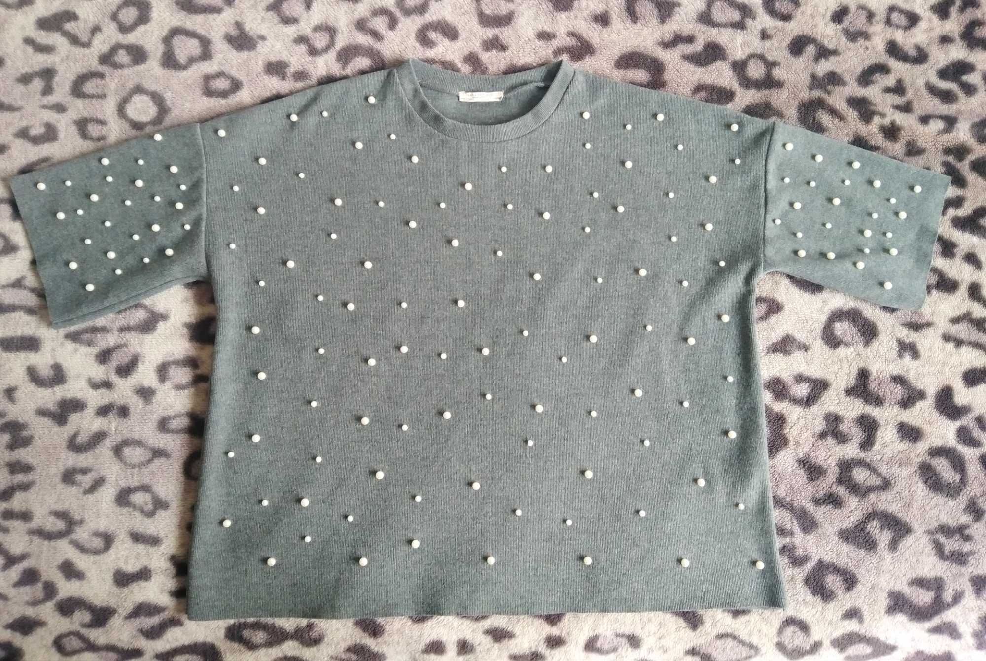 ZARA sweter sweterek oversize perełki perły szary 38 40 M L