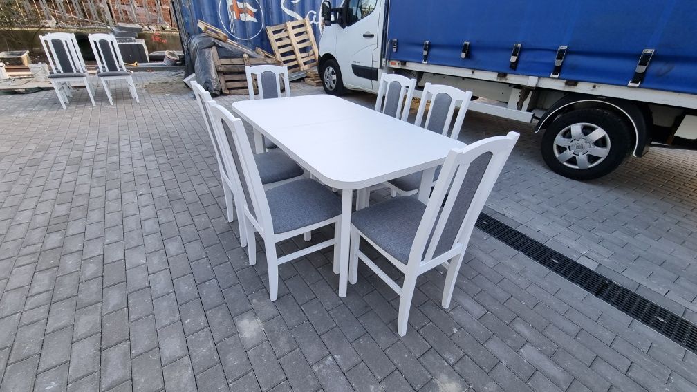 Nowe: Stół 80x140/180 + 6 krzeseł, biały + szary, dostawa PL
