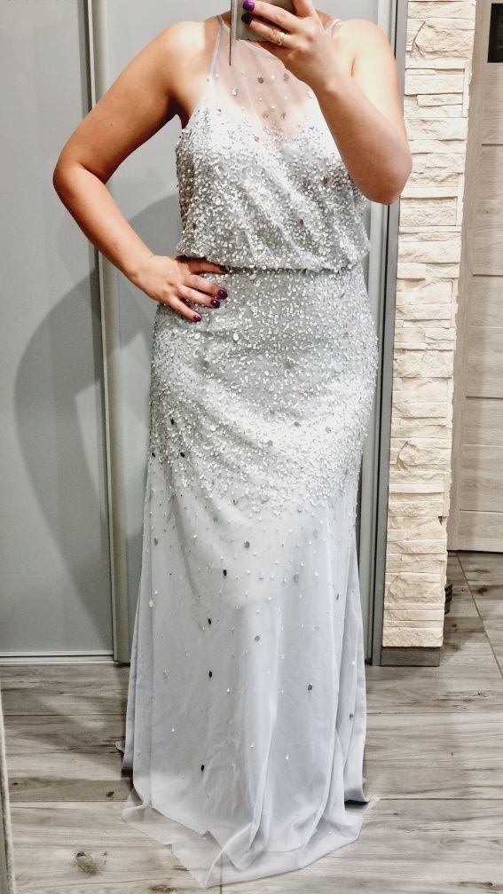 Sukienka maxi cekiny 38 srebrna