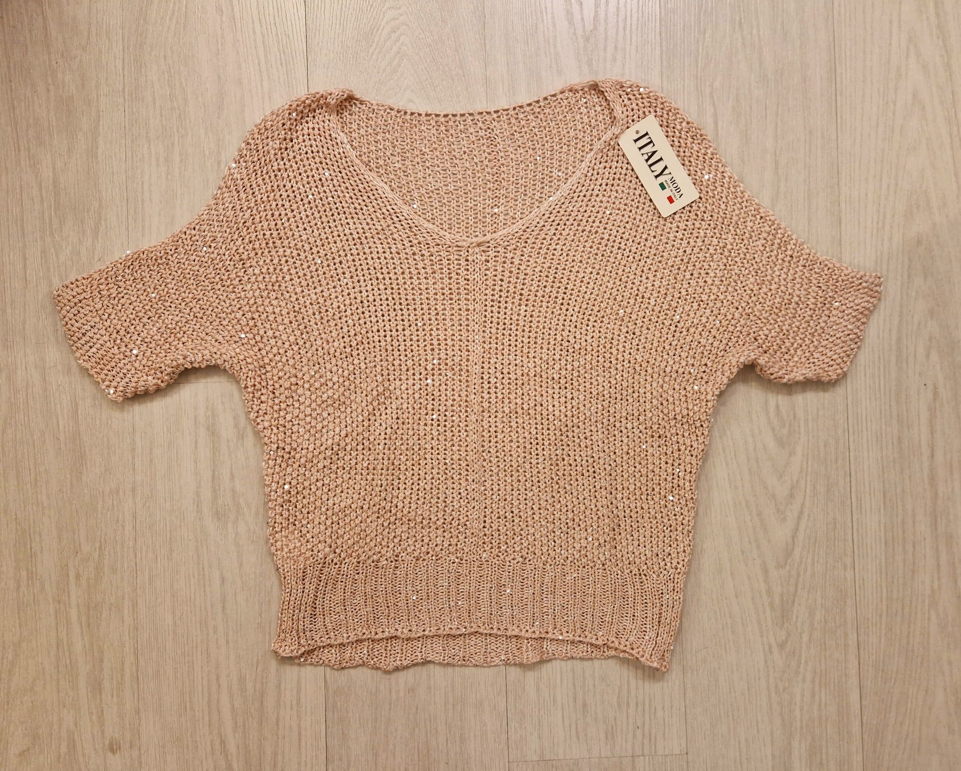 Sweter sweterek siatka siateczka różowy pudrowy srebrna nitka cekiny