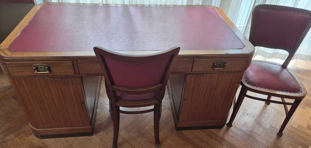 Zabytkowe 100-letnie biurko z 2 krzesłami - palisander