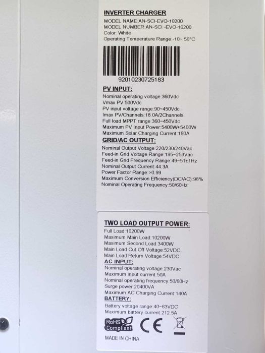 Inverter falownik hybrydowy 10.2kW on/off grid Anern EVO-10200 2xMPPT