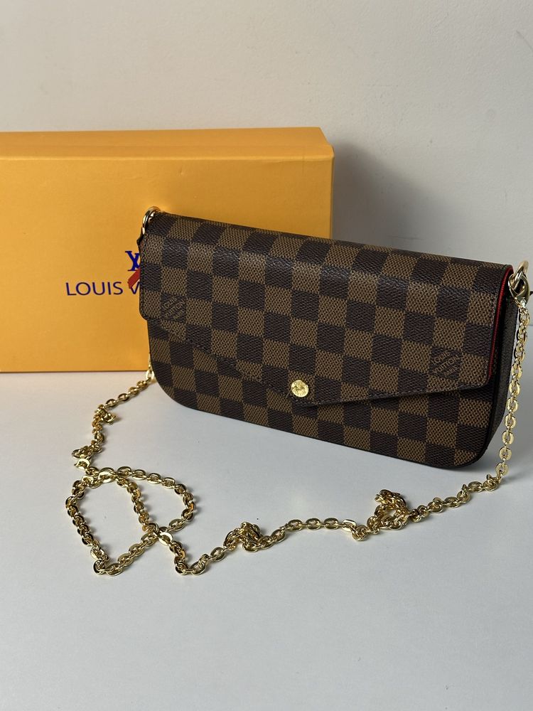 Skórzana torebka kopertówka Louis Vuitton Felicie Damier Ebene luks LV