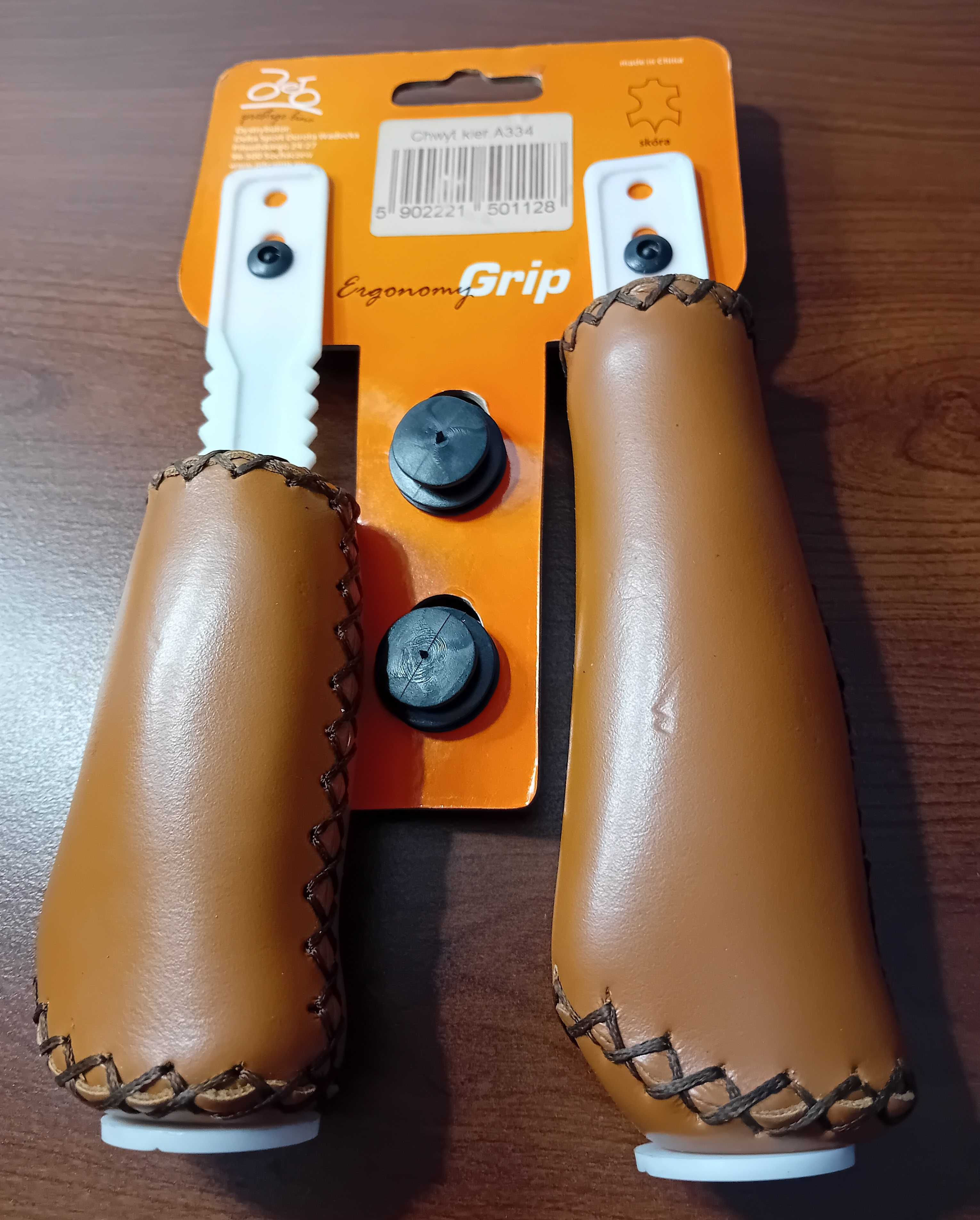 Chwyty rowerowe Ergonomy Grip z naturalnej skóry/ozdobne obszycie/.