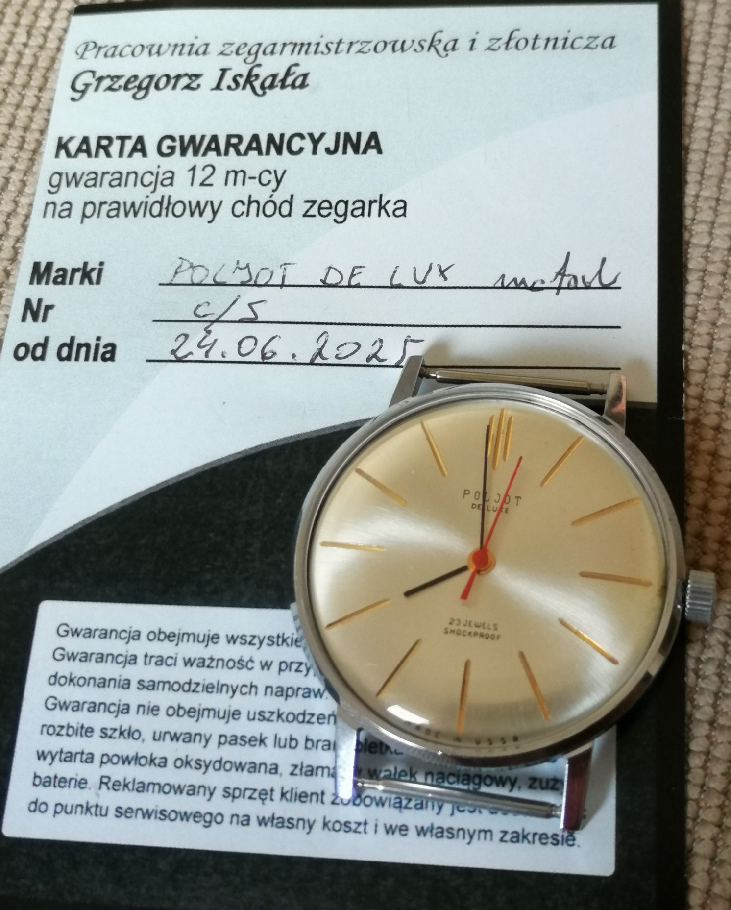 Zegarek Pojot de lux 23  po serwisie gwarancja 1 rok- eksperyment