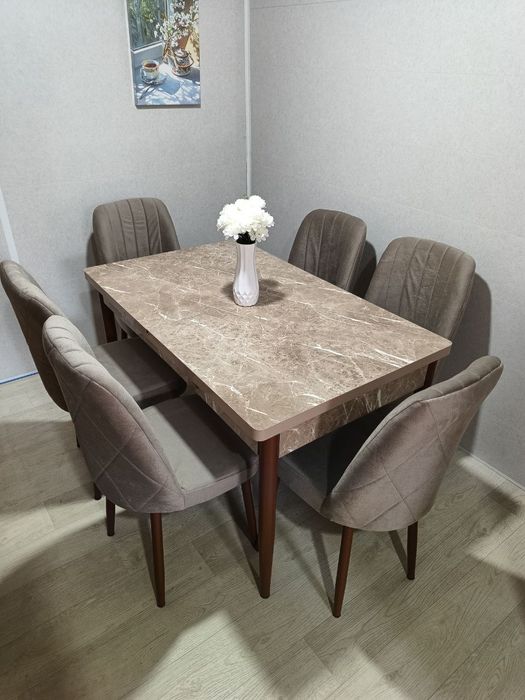 Обеденный кухонный стол раскладной + 4(6) стульев. Мрамор
