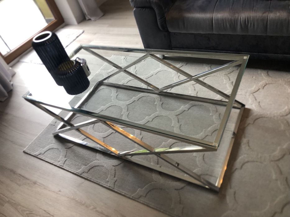 Stół ława stolik kawowy glamour stal srebny 120 cm x 60 cm szkło