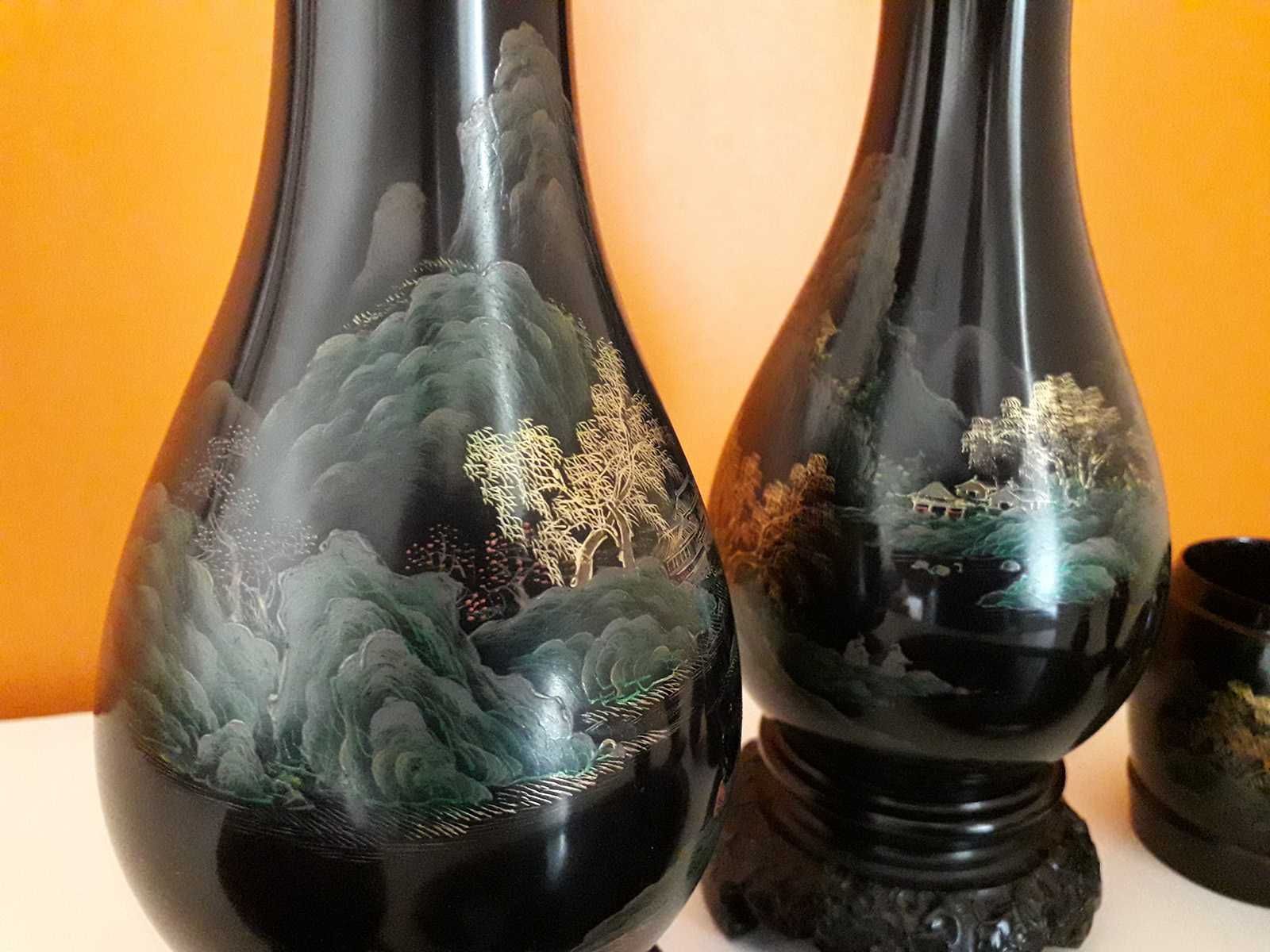 Conjunto de mesa chinês vintage, lacado preto, pintado à mão (1950-60)