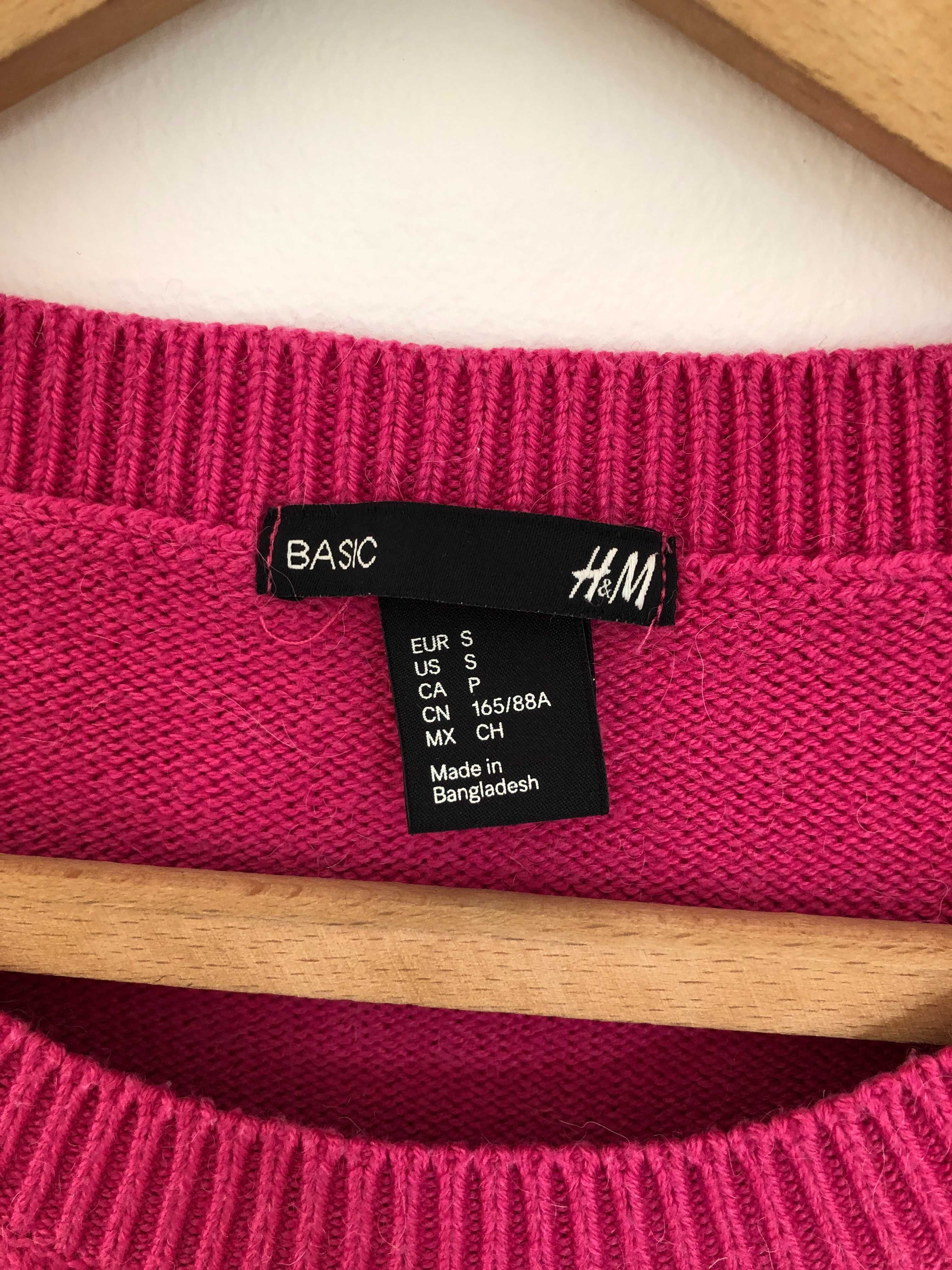 Sweter H&M róż fuksja warkocze z dodatkiem wełny alpaka