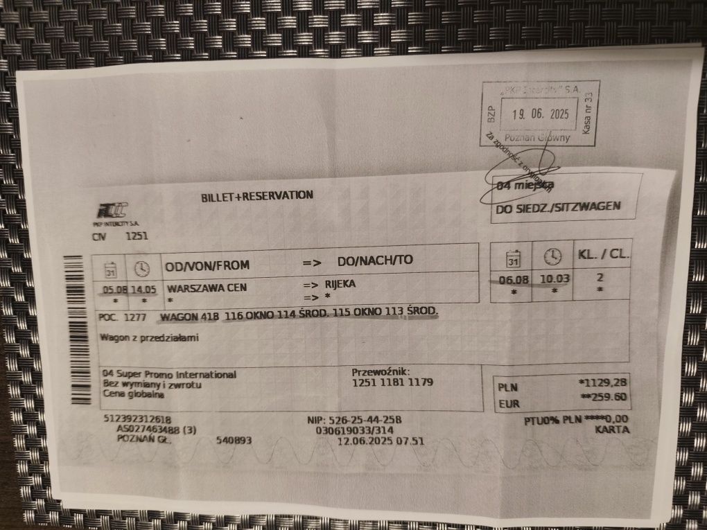 Bilet PKP Intercity do Chorwacji.